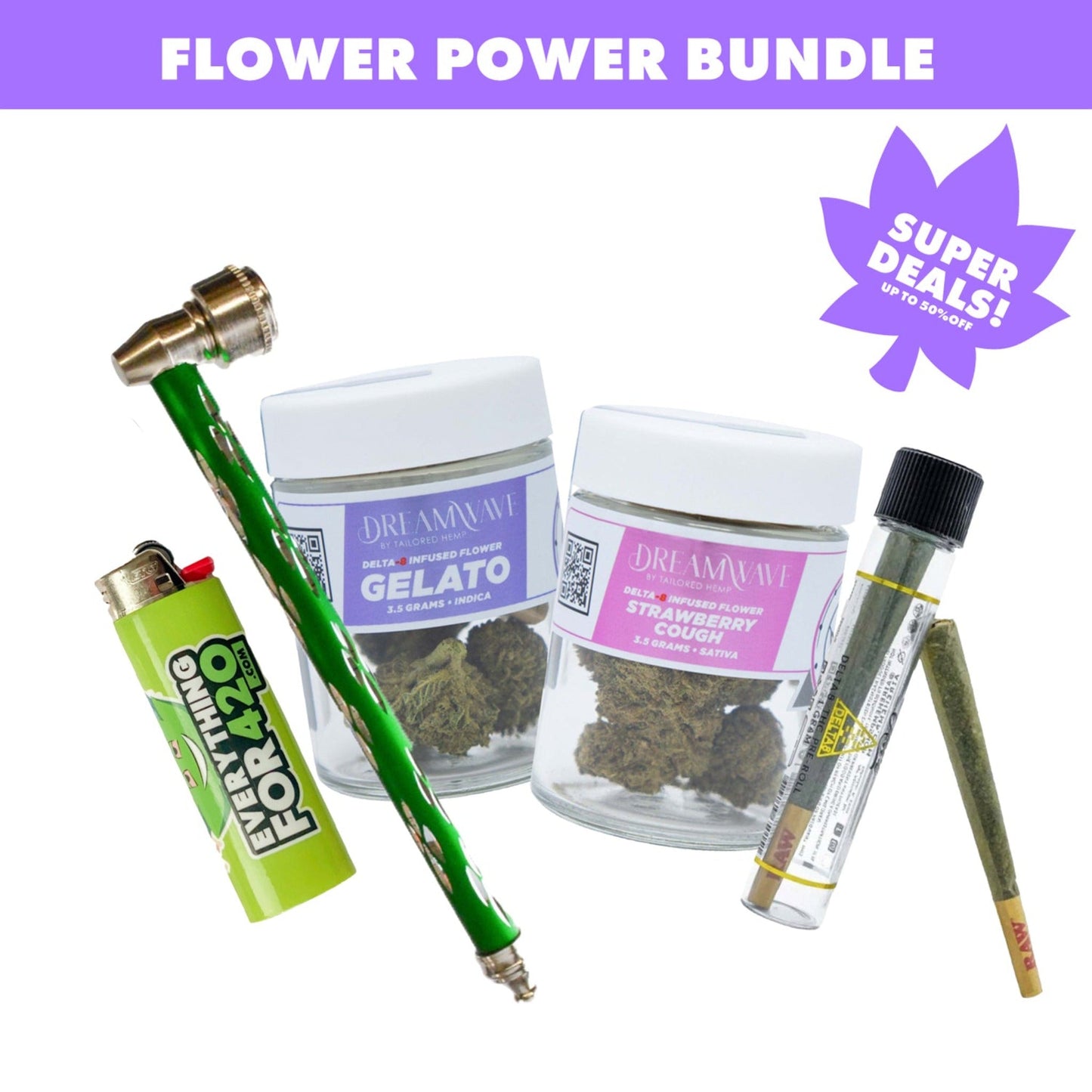 Everything 420 Flower Power Bundle Delta 8 Pre-Rolls Flower Pipe