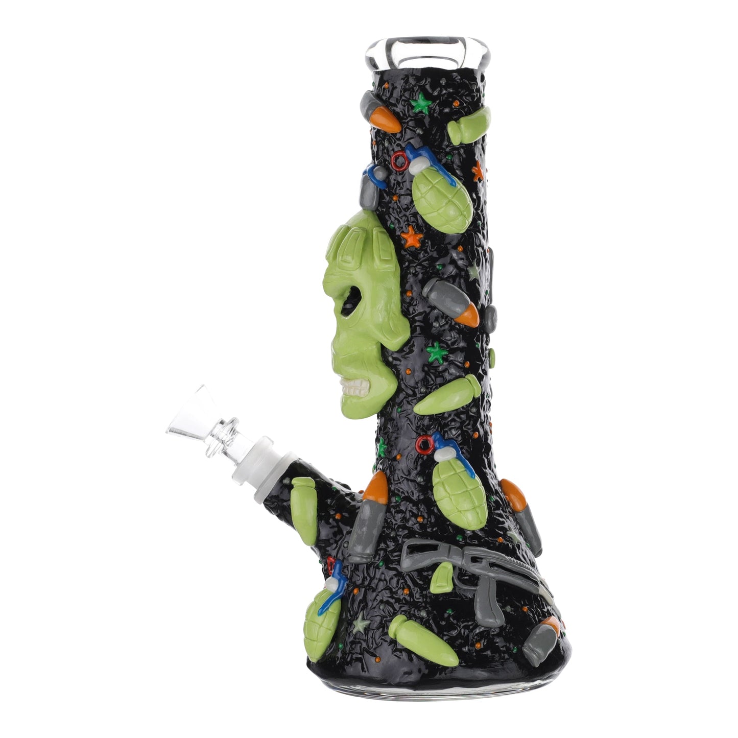 Royal Glass GITD Skull In Arms Beaker Bong 10in