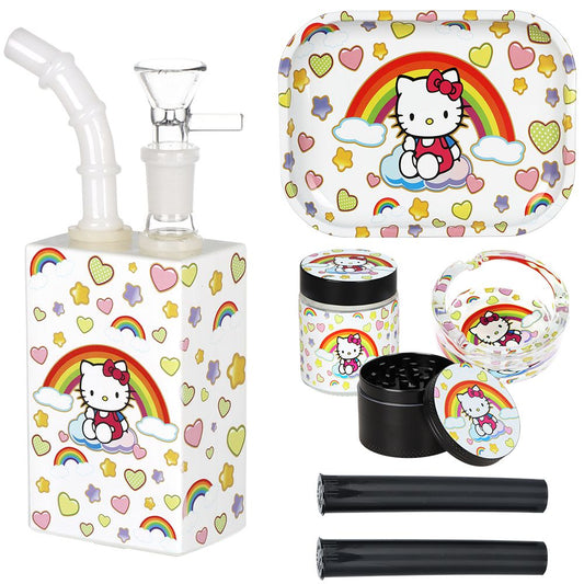 طقم سفر للمدخنين Hello Kitty Juicebox Glass Water Pipe - 7 بوصة / 14 مم أنثى / قوس قزح كيتي