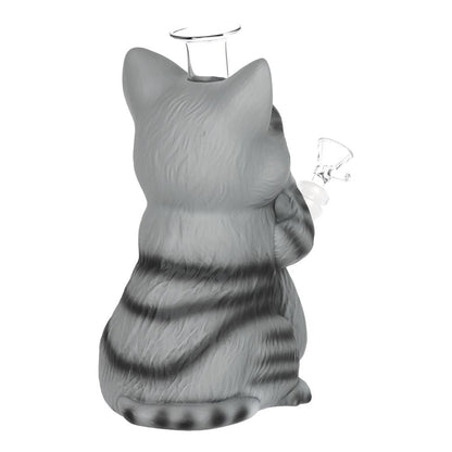 Grey Tabby Cat Glass & Vinyl Water Pipe - 9"