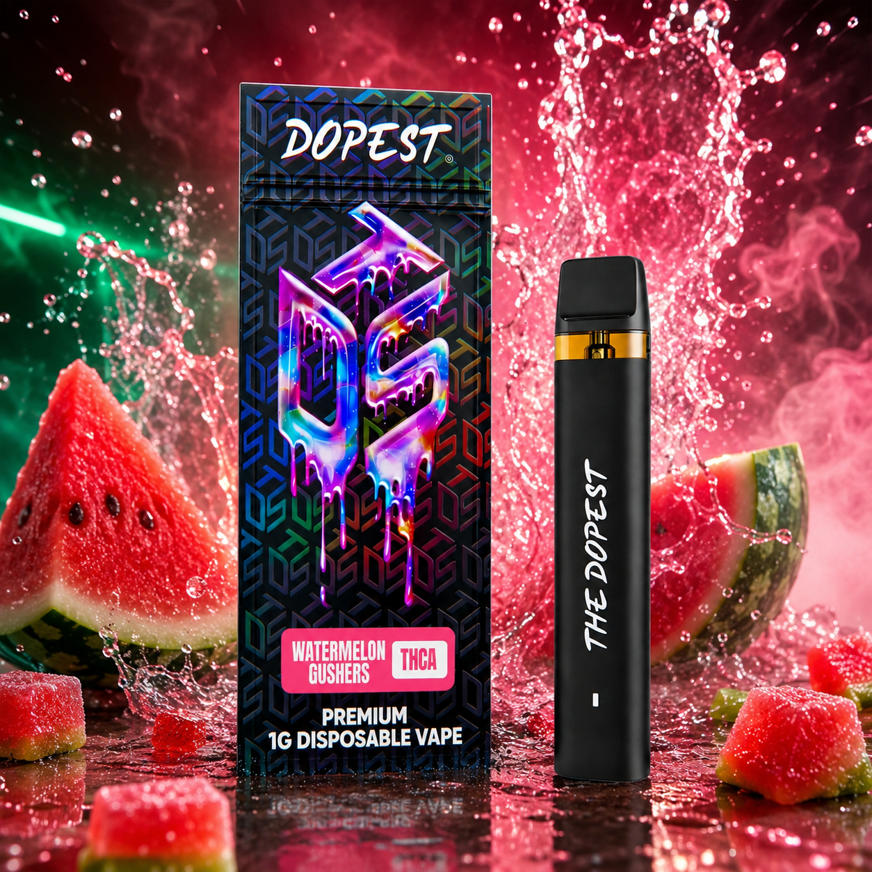 The Dopest Watermelon Gushers Hybrid THCA Vape Disposable 1g