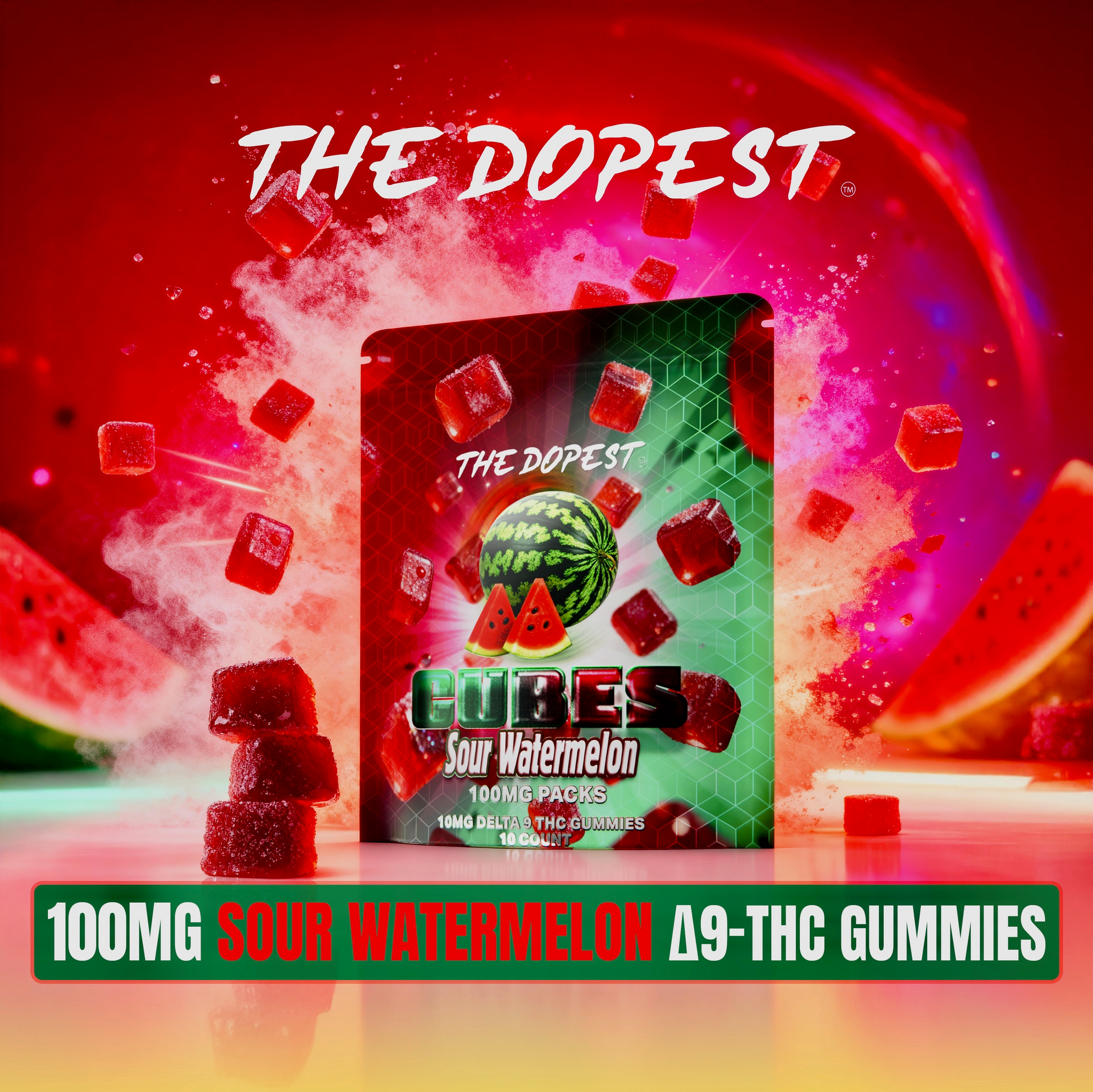 The Dopest Sour Watermelon Cubes Delta 9 Gummies 100mg