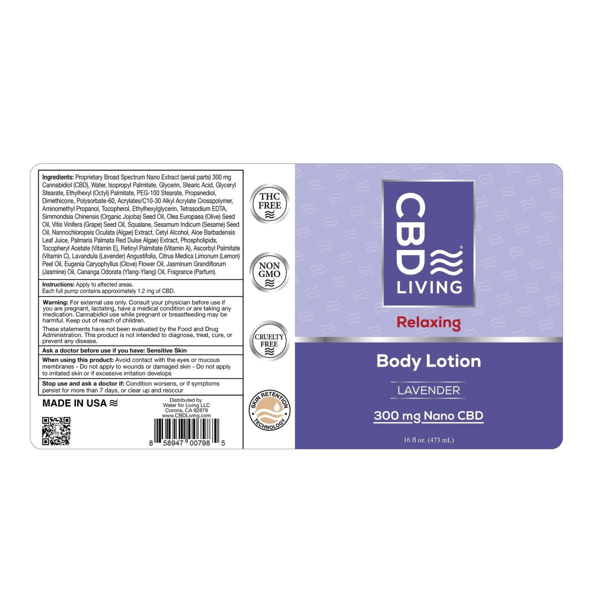 CBD Living Body Lotion 300mg Nano CBD Unscented Lavender Eucalyptus