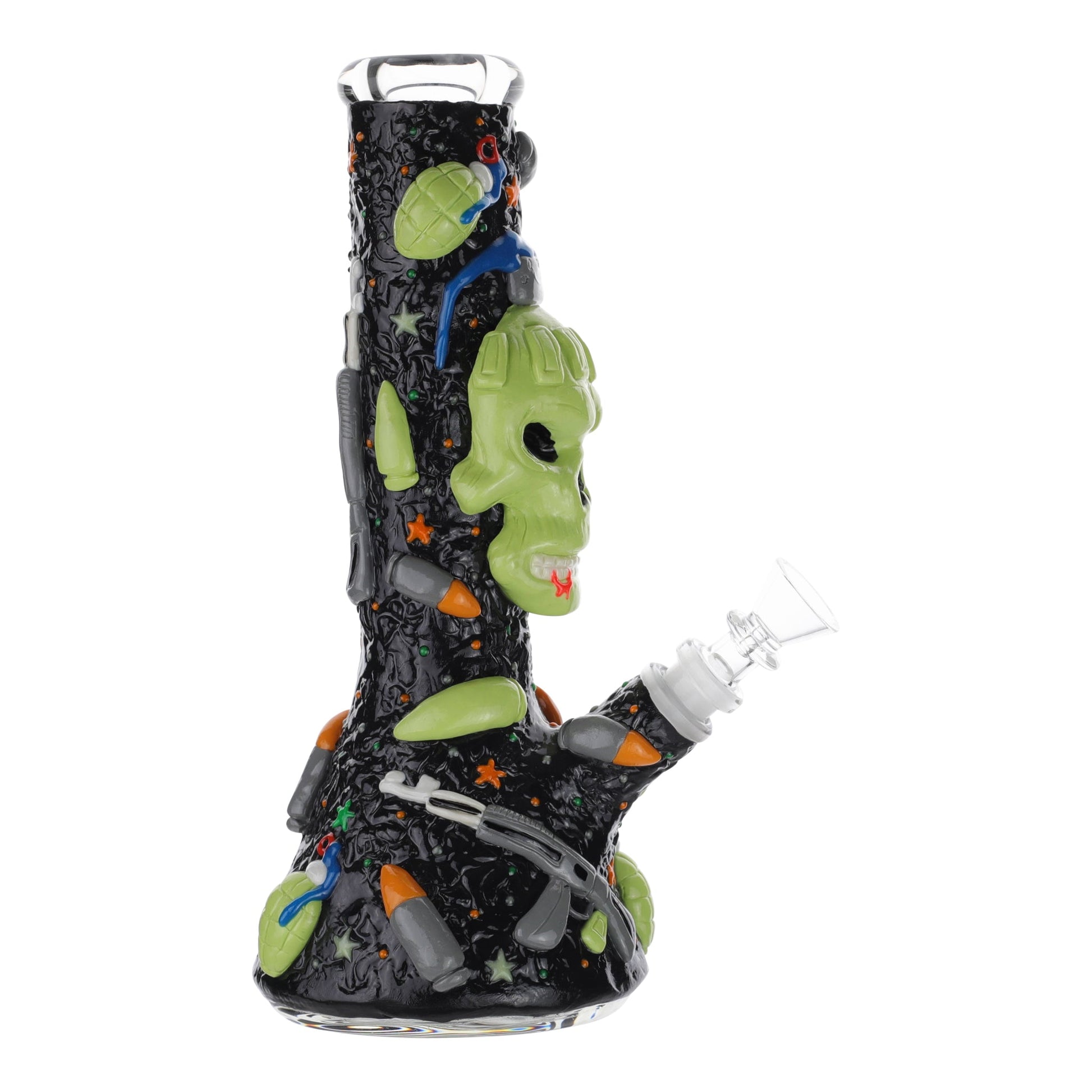 Royal Glass GITD Skull In Arms Beaker Bong 10in