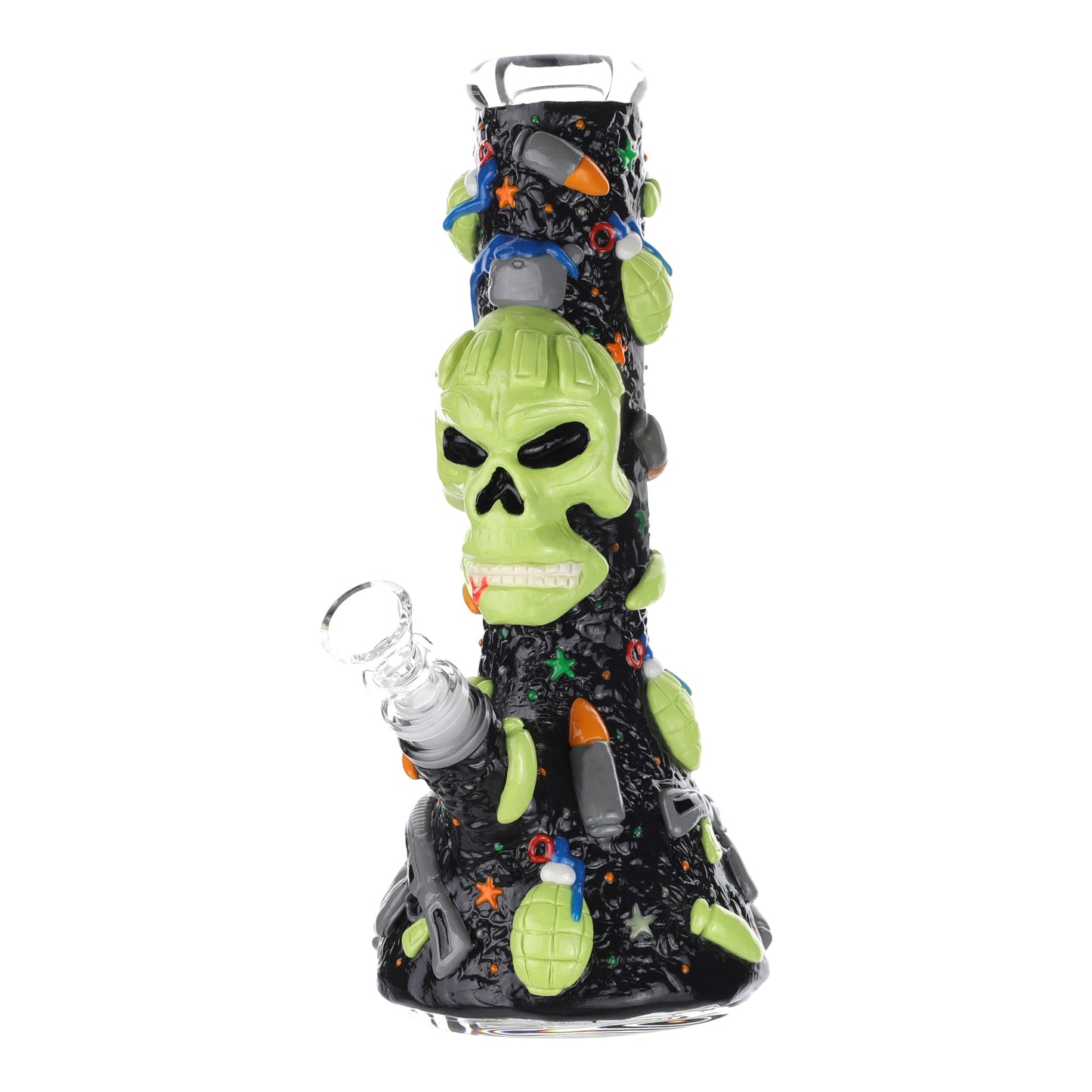 Royal Glass GITD Skull In Arms Beaker Bong 10in