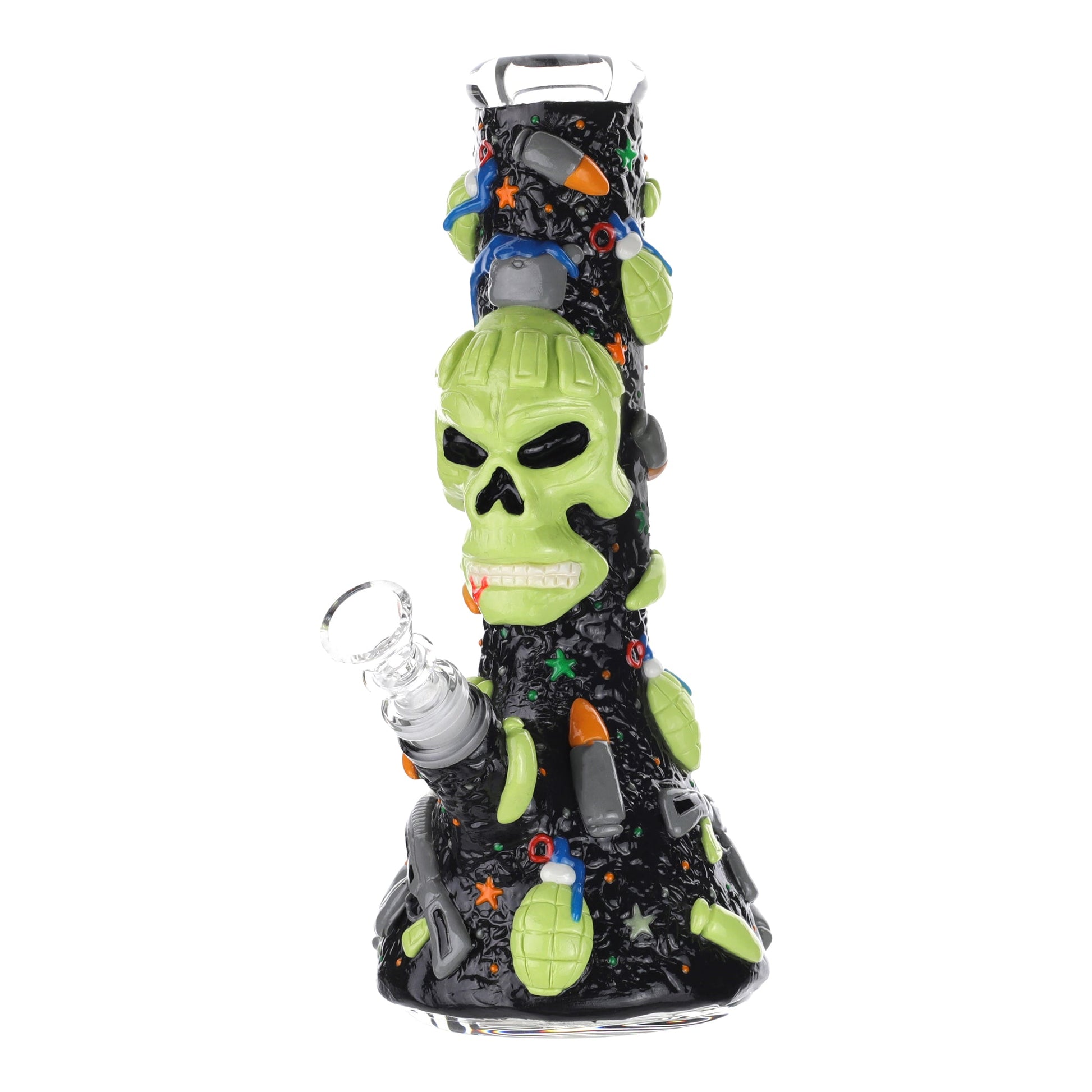 Royal Glass GITD Skull In Arms Beaker Bong 10in
